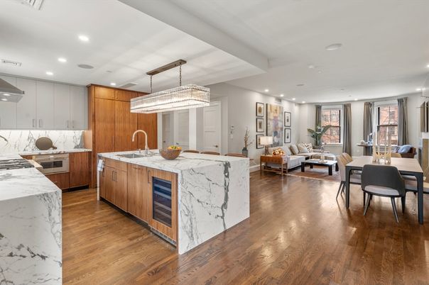 Chandelier, Dining room, Interior, Kitchen, Living room, Recessed Lighting, Stainless Steel Appliances, Wood Texture Flooring