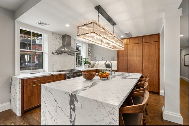 Chandelier, Interior, Kitchen, Marble Walls, Recessed Lighting, Stainless Steel Appliances, Wood Texture Flooring