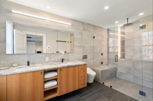 Bathroom, Dual Sink Vanities, Glass Shower, Interior, Recessed Lighting