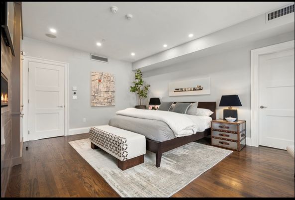 Bedroom, Fireplace, Interior, Recessed Lighting, Wood Texture Flooring