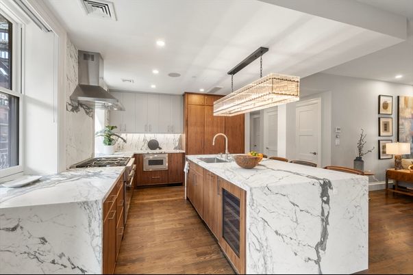 Chandelier, Interior, Kitchen, Recessed Lighting, Stainless Steel Appliances, Wood Texture Flooring
