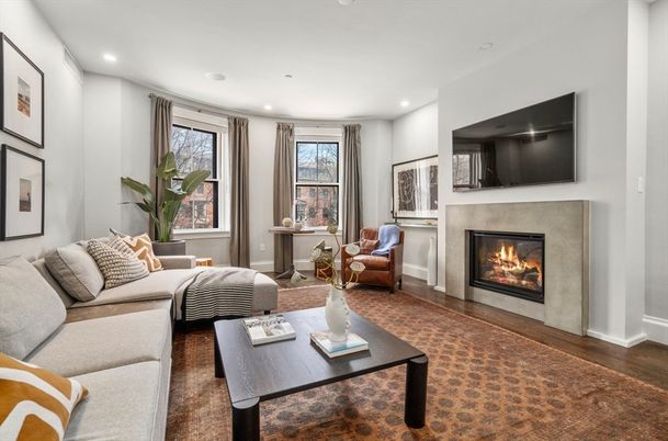 Fireplace, Interior, Living room, Recessed Lighting, Wood Texture Flooring