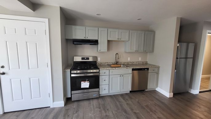 Interior, Kitchen, Recessed Lighting, Stainless Steel Appliances, Wood Texture Flooring