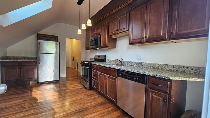 Interior, Kitchen, Pendant Lights, Stainless Steel Appliances, Wood Texture Flooring