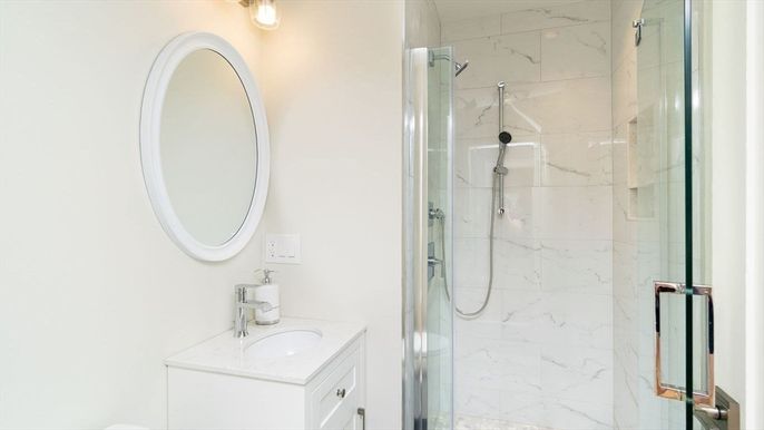 Bathroom, Glass Shower, Interior, Marble Walls