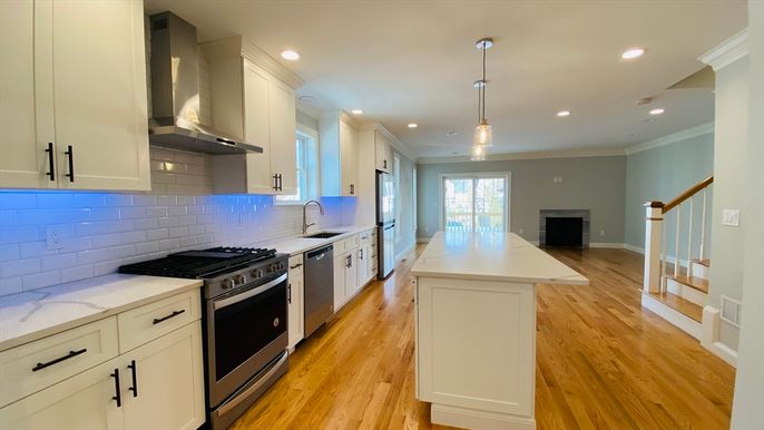 Interior, Kitchen, Pendant Lights, Recessed Lighting, Stainless Steel Appliances, Wood Texture Flooring