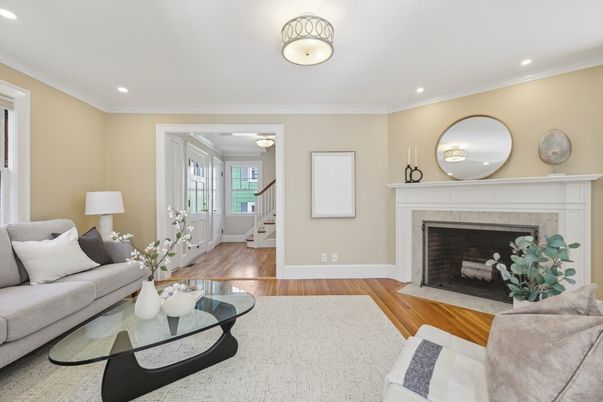 Fireplace, Interior, Living room, Recessed Lighting, Wood Texture Flooring