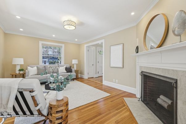 Fireplace, Interior, Living room, Recessed Lighting, Wood Texture Flooring