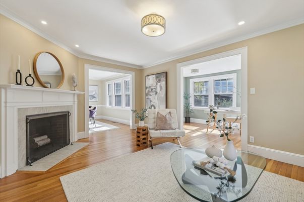 Fireplace, Interior, Living room, Recessed Lighting, Wood Texture Flooring