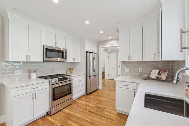 Interior, Kitchen, Recessed Lighting, Stainless Steel Appliances, Wood Texture Flooring