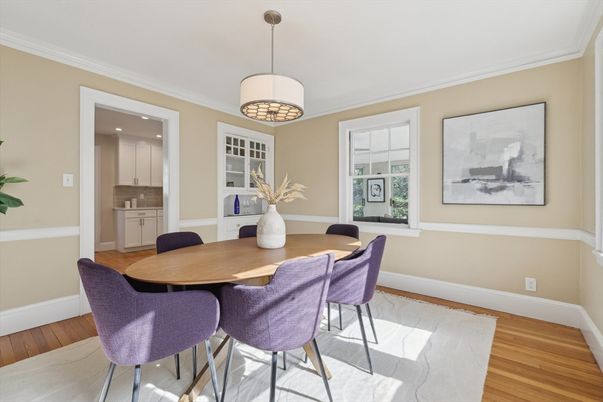 Dining room, Interior, Pendant Lights, Recessed Lighting, Wood Texture Flooring