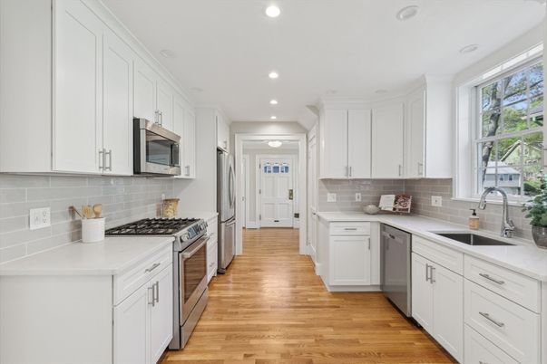 Interior, Kitchen, Recessed Lighting, Stainless Steel Appliances, Wood Texture Flooring