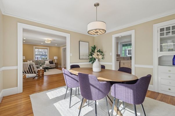 Dining room, Interior, Living room, Pendant Lights, Recessed Lighting, Wood Texture Flooring