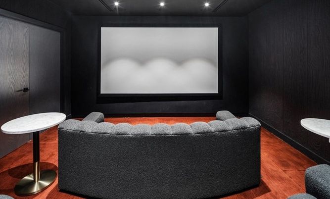 Interior, Projection Screen, Recessed Lighting, Theatre Room, Wood Texture Flooring