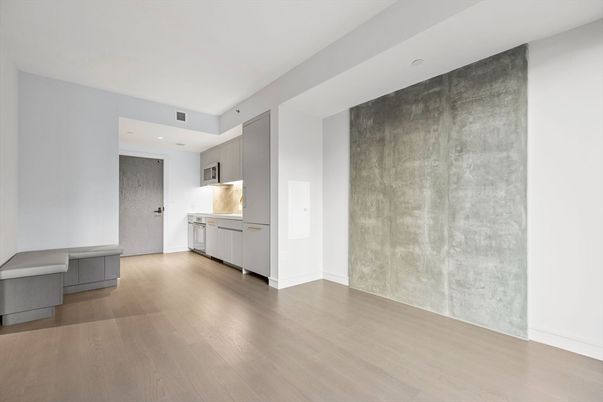 Empty room, Interior, Kitchen, Recessed Lighting, Wood Texture Flooring