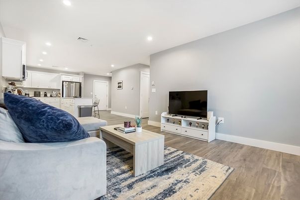 Interior, Kitchen, Living room, Recessed Lighting, Stainless Steel Appliances, Wood Texture Flooring
