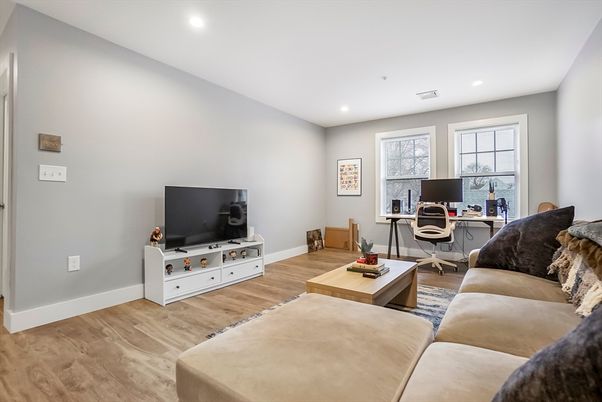 Home Office, Interior, Living room, Recessed Lighting, Wood Texture Flooring