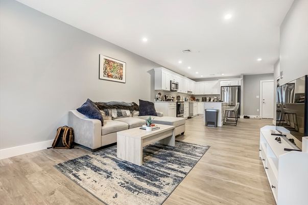 Interior, Kitchen, Living room, Recessed Lighting, Stainless Steel Appliances, Wood Texture Flooring