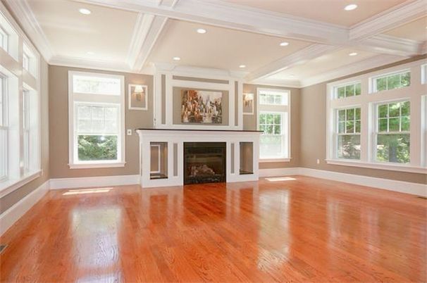 Empty room, Fireplace, Interior, Recessed Lighting, Wood Texture Flooring