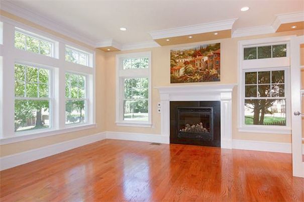 Empty room, Fireplace, Interior, Recessed Lighting, Wood Texture Flooring