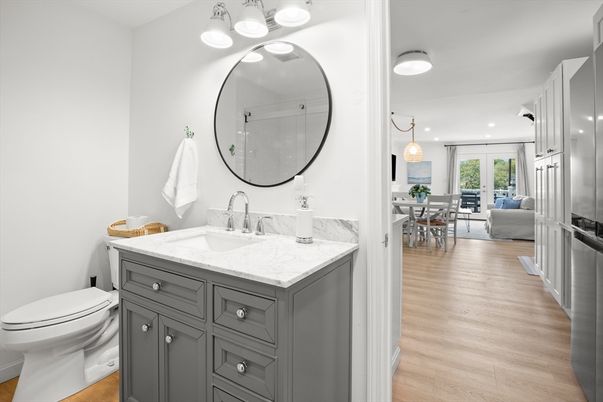 Bathroom, Dining room, Interior, Living room, Pendant Lights, Recessed Lighting, Wood Texture Flooring