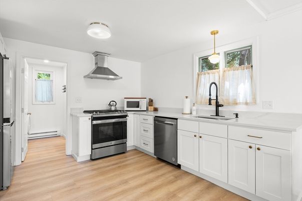 Interior, Kitchen, Pendant Lights, Stainless Steel Appliances, Wood Texture Flooring