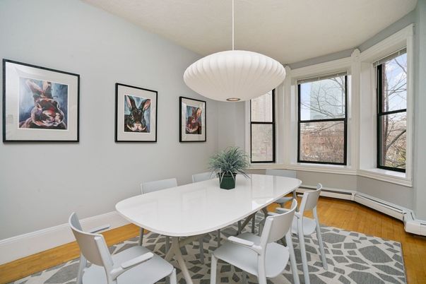Dining room, Interior, Pendant Lights, Wood Texture Flooring