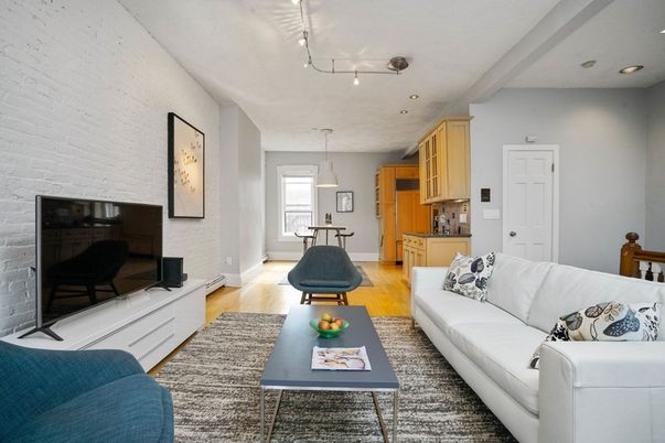 Interior, Kitchen, Living room, Pendant Lights, Recessed Lighting, Stone Walls, Wood Texture Flooring