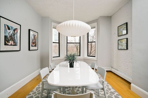 Dining room, Interior, Pendant Lights, Wood Texture Flooring