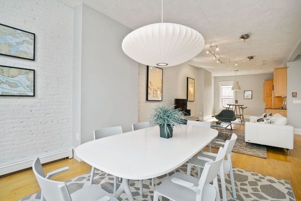 Dining room, Interior, Living room, Pendant Lights, Stone Walls, Wood Texture Flooring