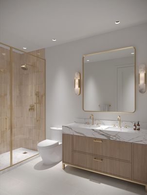 Bathroom, Dual Sink Vanities, Glass Shower, Interior, Recessed Lighting
