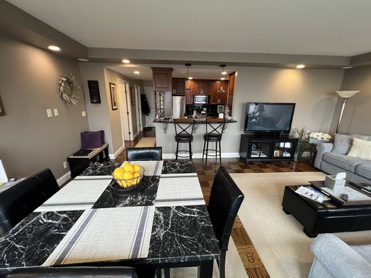 Dining room, Interior, Kitchen, Living room, Pendant Lights, Recessed Lighting, Stainless Steel Appliances, Wood Texture Flooring