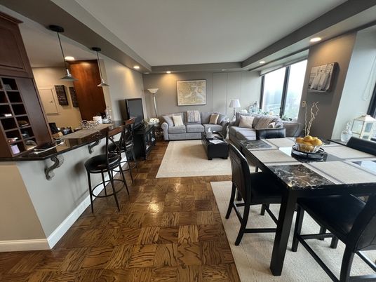 Dining room, Interior, Living room, Pendant Lights, Recessed Lighting, Wood Texture Flooring