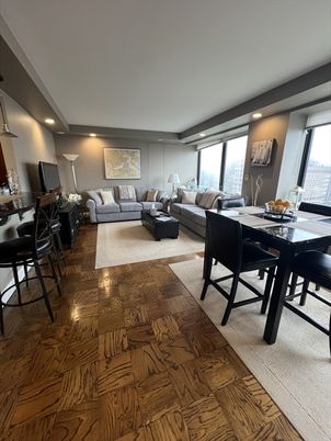 Dining room, Interior, Living room, Recessed Lighting, Wood Texture Flooring