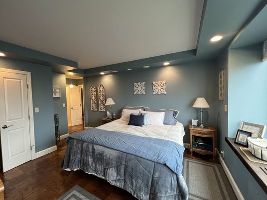 Bedroom, Interior, Recessed Lighting, Wood Texture Flooring