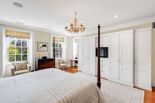 Bedroom, Chandelier, Interior, Recessed Lighting, Wood Texture Flooring