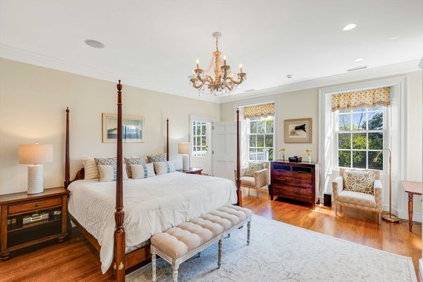 Bedroom, Chandelier, Interior, Recessed Lighting, Wood Texture Flooring