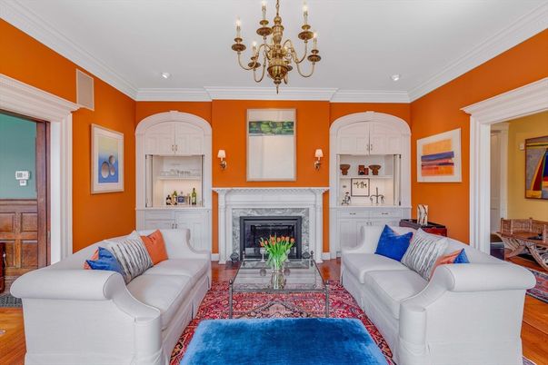 Chandelier, Dining room, Fireplace, Interior, Living room, Recessed Lighting, Wood Texture Flooring