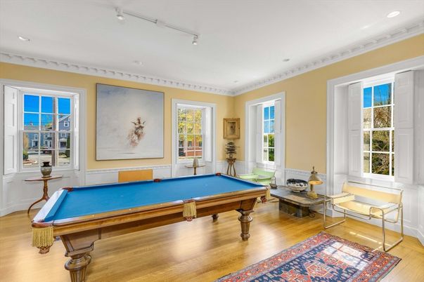 Billiard Table, Game Room, Interior, Recessed Lighting, Wood Texture Flooring