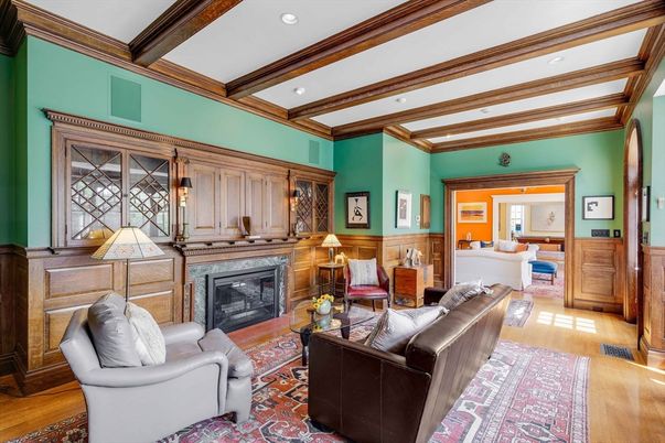 Fireplace, Interior, Living room, Recessed Lighting, Wooden Beams, Wood Texture Flooring