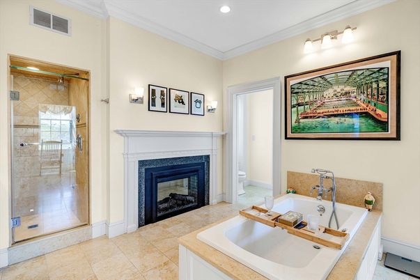 Bathroom, Fireplace, Glass Shower, Interior, Recessed Lighting