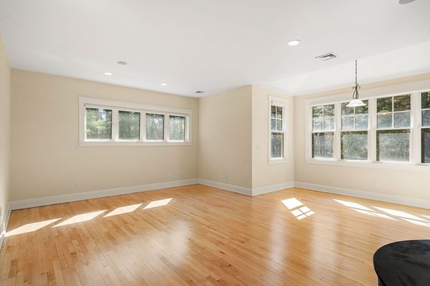 Empty room, Interior, Pendant Lights, Recessed Lighting, Wood Texture Flooring