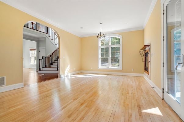 Chandelier, Empty room, Interior, Wood Texture Flooring
