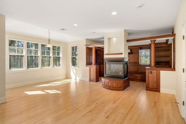 Empty room, Fireplace, Interior, Pendant Lights, Recessed Lighting, Wood Texture Flooring