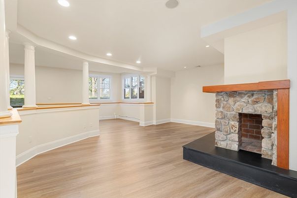 Fireplace, Interior, Recessed Lighting, Wood Texture Flooring