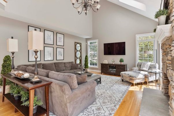 Chandelier, Fireplace, Interior, Living room, Stone Walls, Wood Texture Flooring