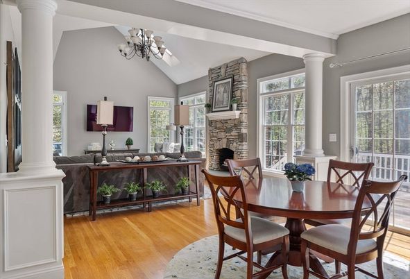 Chandelier, Dining room, Fireplace, Interior, Living room, Wood Texture Flooring