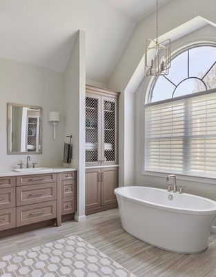 Bathroom, Dual Sink Vanities, Free Standing Baths, Interior, Pendant Lights, Wood Texture Flooring