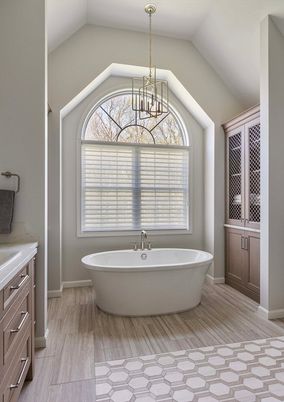 Bathroom, Free Standing Baths, Interior, Pendant Lights, Wood Texture Flooring