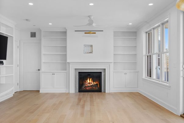 Empty room, Fireplace, Interior, Recessed Lighting, Wood Texture Flooring